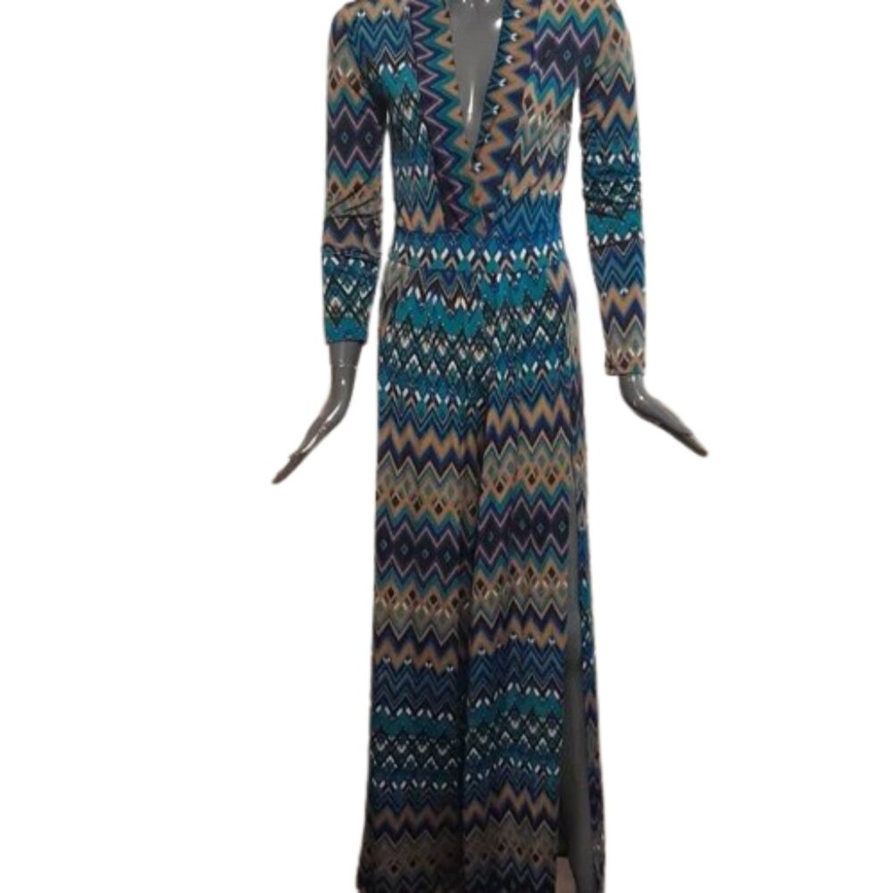 CLEO APPAREL Chevron Maxi Dress One Piece Jumpsuit Full Side Slits Size S